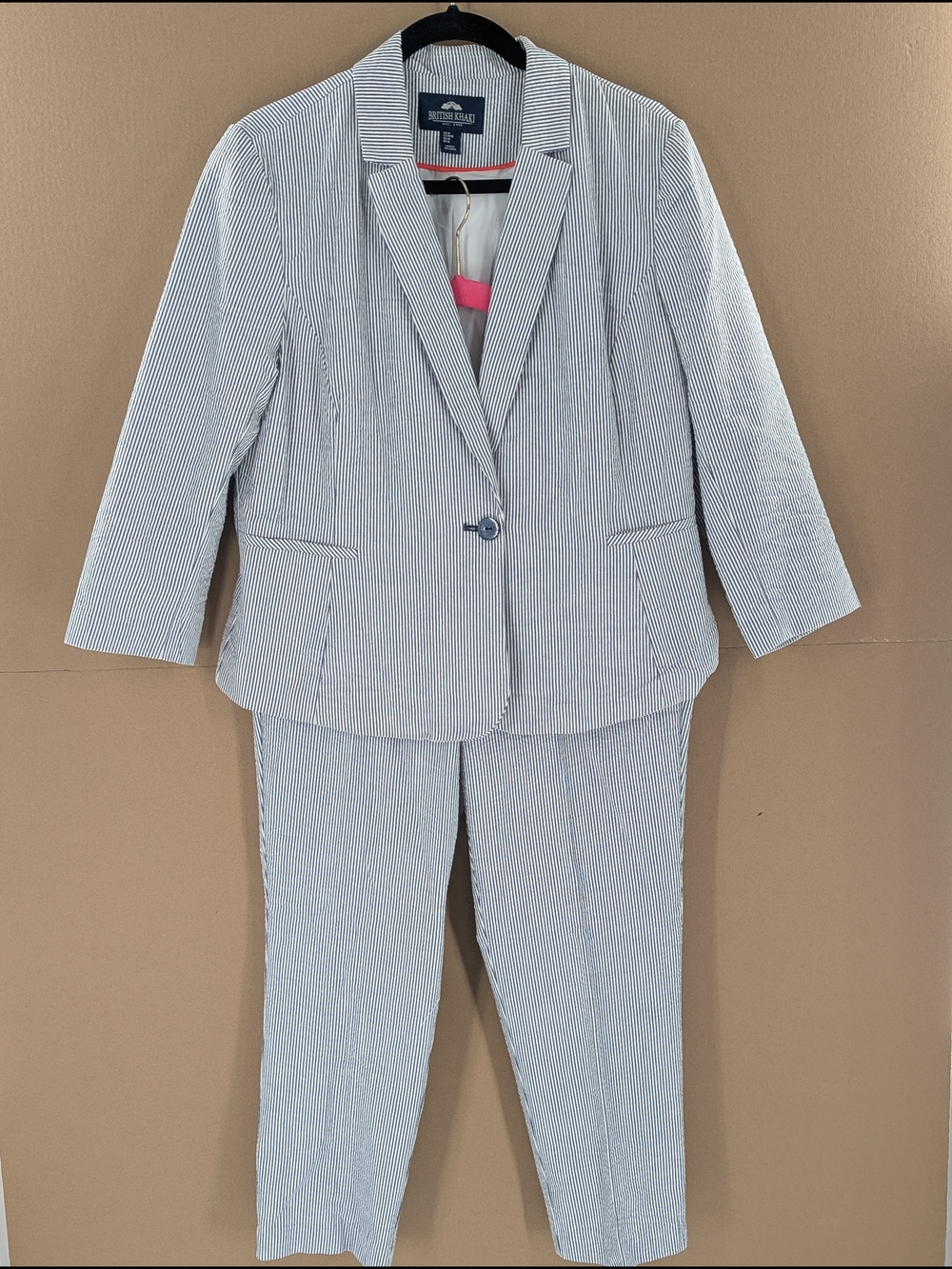 British Khaki Seersucker Pant Suit Set Striped Blue White Preppy Women's 10